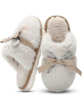 Women's Beige Memory Foam Fuzzy Plush Cozy Shoes With Bow Comfortable Slippers